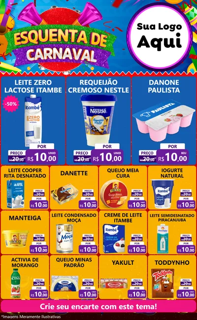 Modelo de Encarte para Encarte Grande com o tema Esquenta de Carnaval para Frios e Laticínios