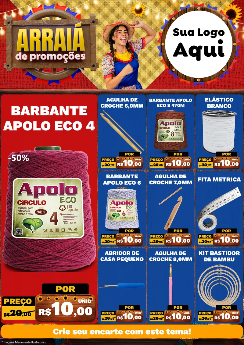 Modelo de Encarte para Encarte A4 Vertical com o tema Arraiá de Promoções para Armarinho e Aviamentos