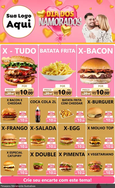 Modelo de Encarte para Encarte Grande com o tema Dia dos Namorados para Hamburgueria