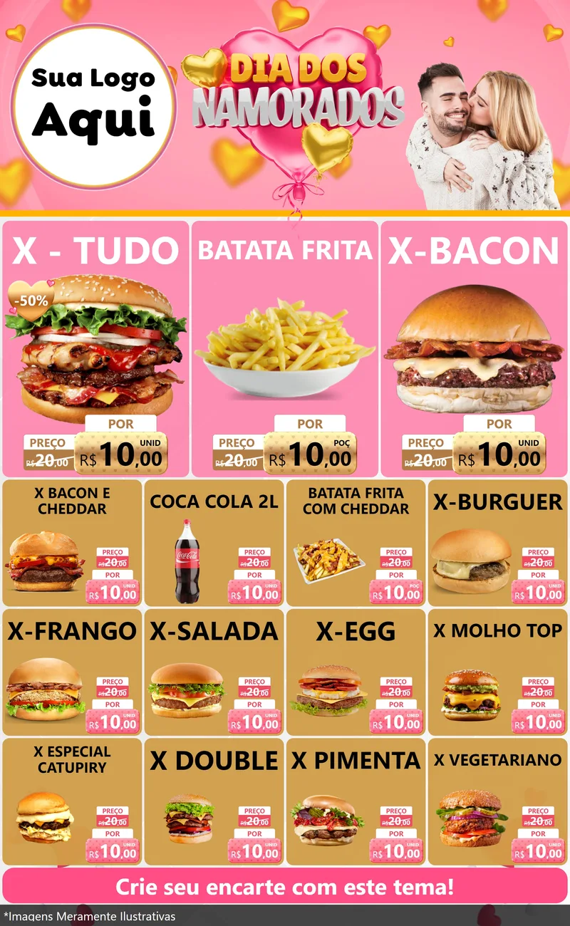 Modelo de Encarte para Encarte Grande com o tema Dia dos Namorados para Hamburgueria
