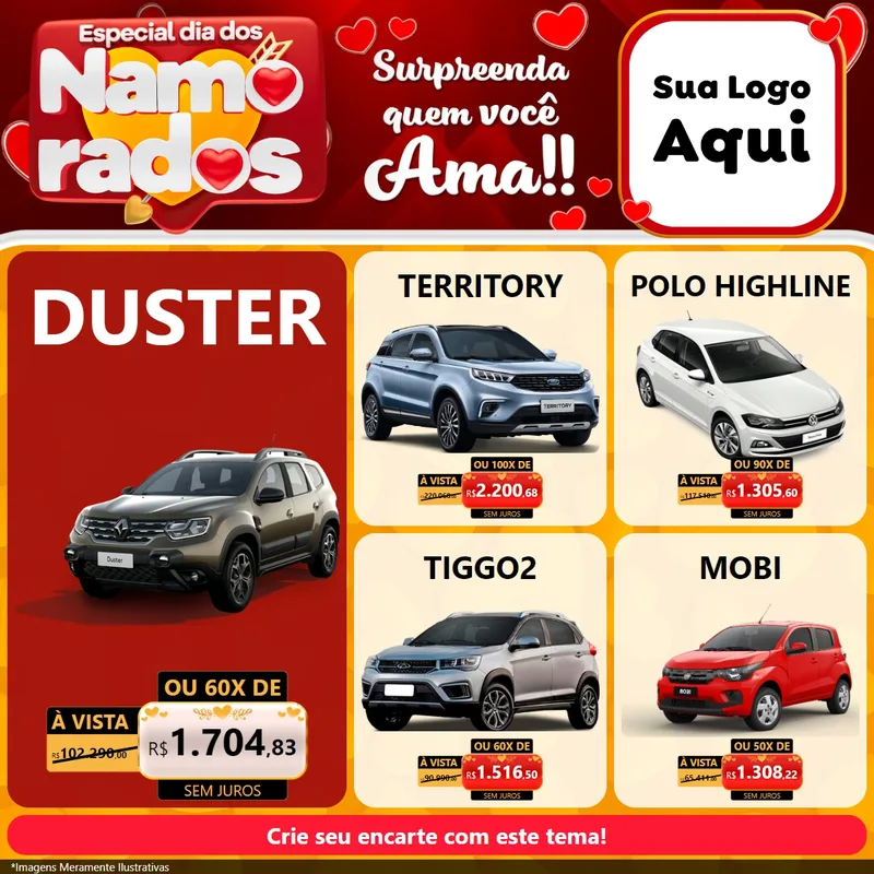 Modelo de Rede Social para Feed Facebook com o tema Especial Dia dos Namorados para Concessionaria de Carros