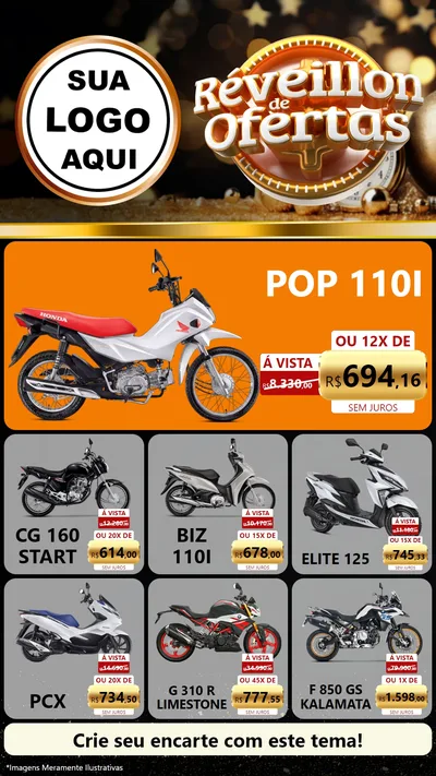 Modelo de Rede Social para Stories com o tema Réveillon de Ofertas para Concessionaria de Motos