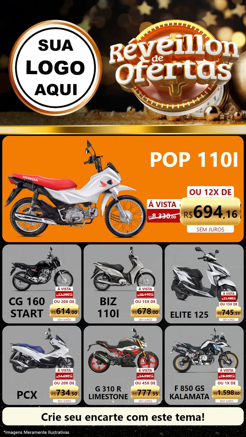 Modelo de Rede Social para Stories com o tema Réveillon de Ofertas para Concessionaria de Motos