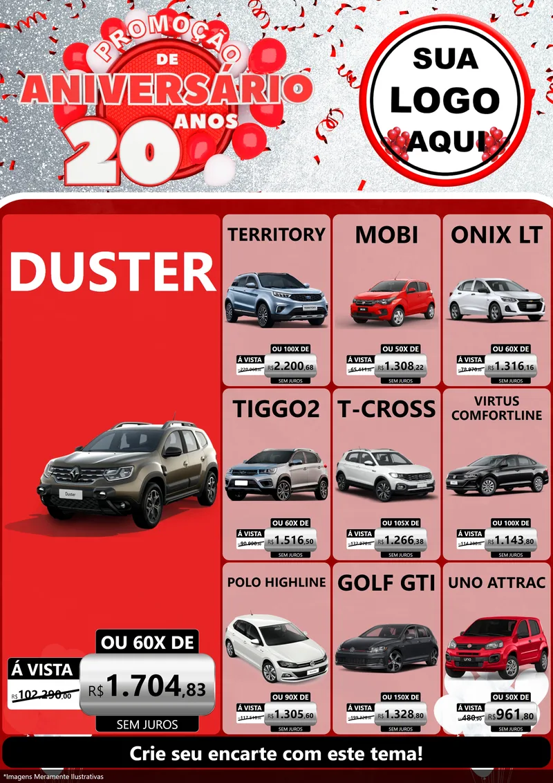 Modelo de Encarte para Encarte A4 Vertical com o tema Promoção de Aniversário - 20 Anos para Concessionaria de Carros