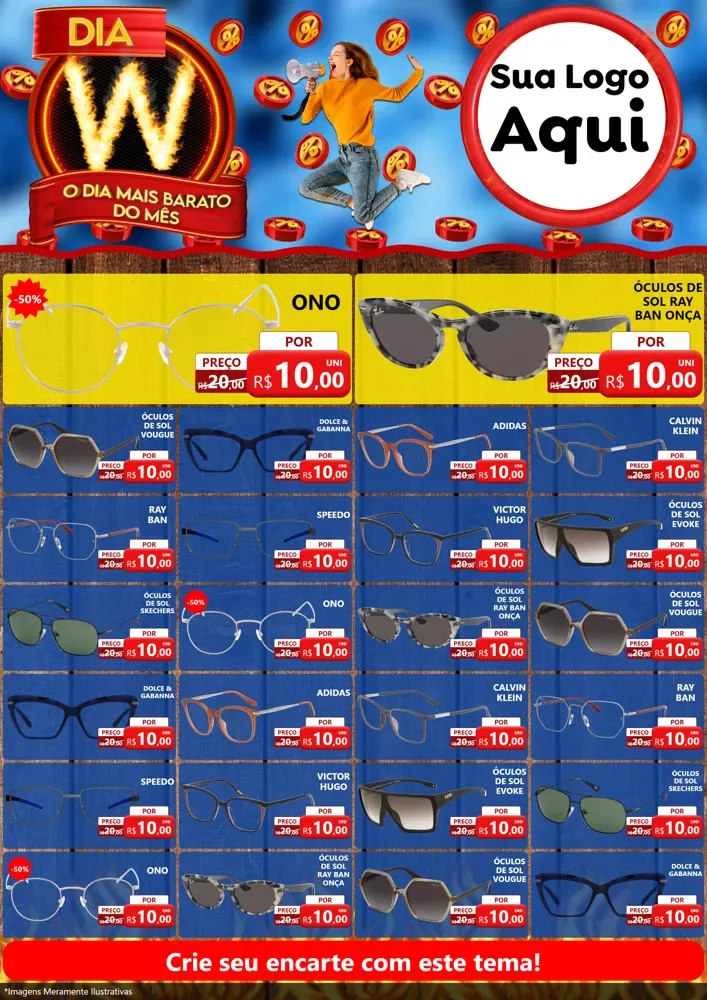 Modelo de Encarte para Encarte A4 Vertical com o tema Dia W - O Dia Mais Barato Do Mês para Óticas