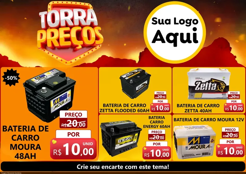 Modelo de Encarte para Encarte A4 Horizontal com o tema Torra Preços para Baterias Elétricas