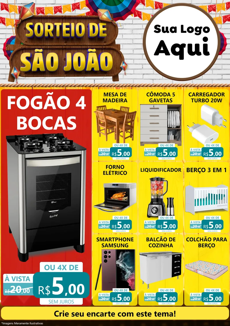 Modelo de Encarte para Encarte A4 Vertical com o tema Sorteio de São João para Móveis e Eletro