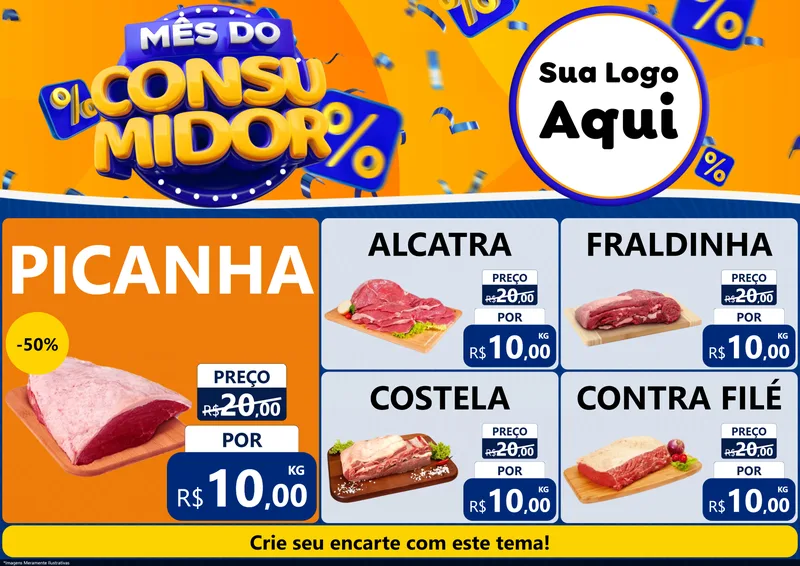 Modelo de Encarte para Encarte A4 Horizontal com o tema Mês do Consumidor para Açougue