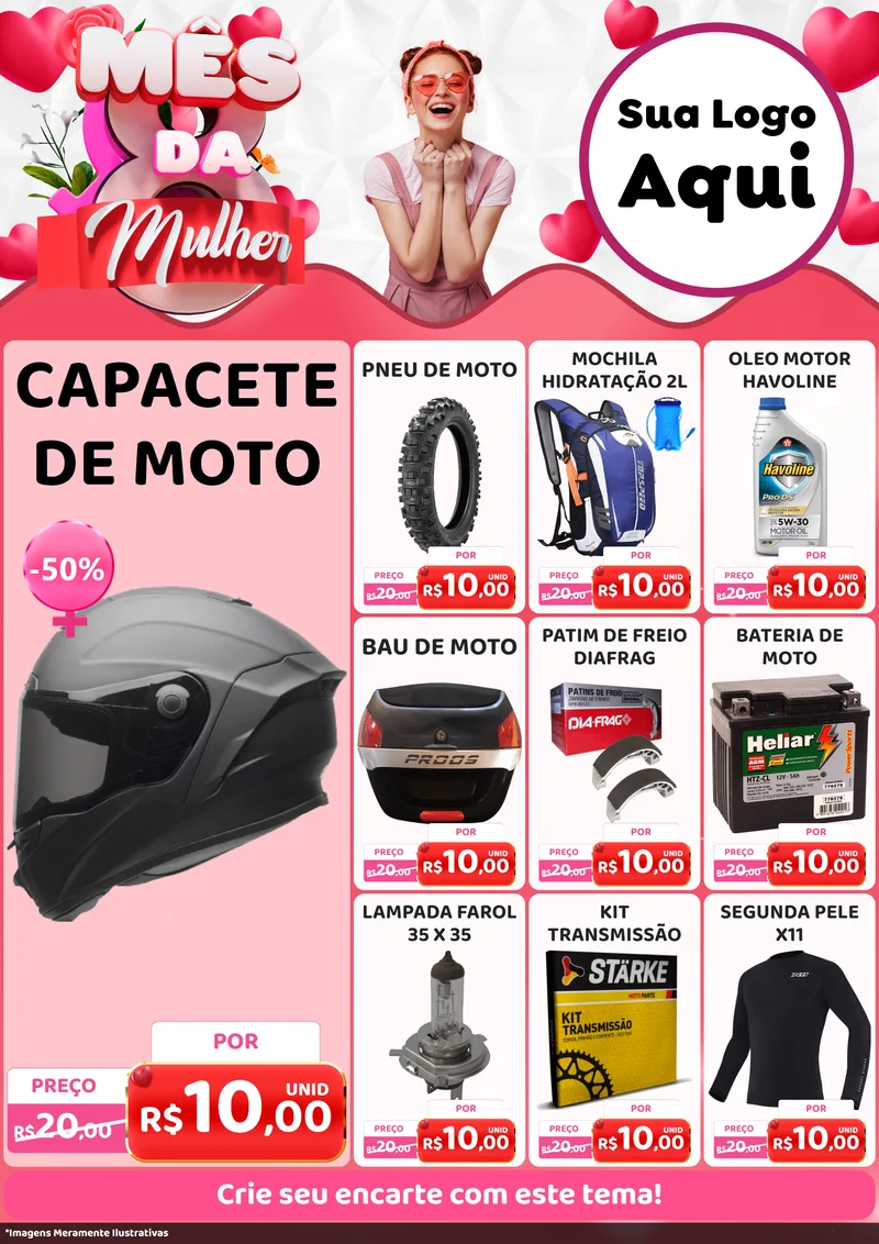 Modelo de Encarte para Encarte A4 Vertical com o tema Mês da Mulher para Moto peças