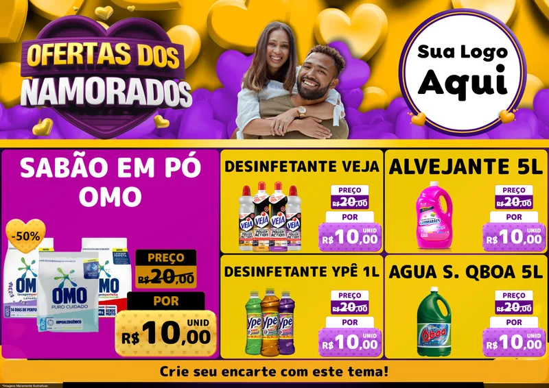 Modelo de Encarte para Encarte A4 Horizontal com o tema Oferta Dos Namorados para Produtos de Limpeza
