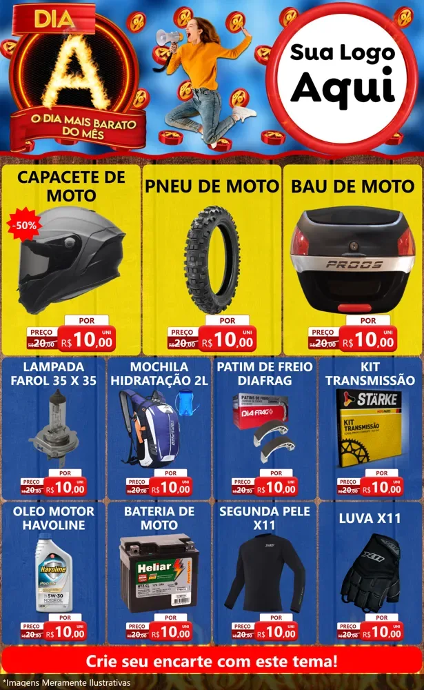 Modelo de Encarte para Encarte Grande com o tema Dia A - O Dia Mais Barato Do Mês para Moto peças