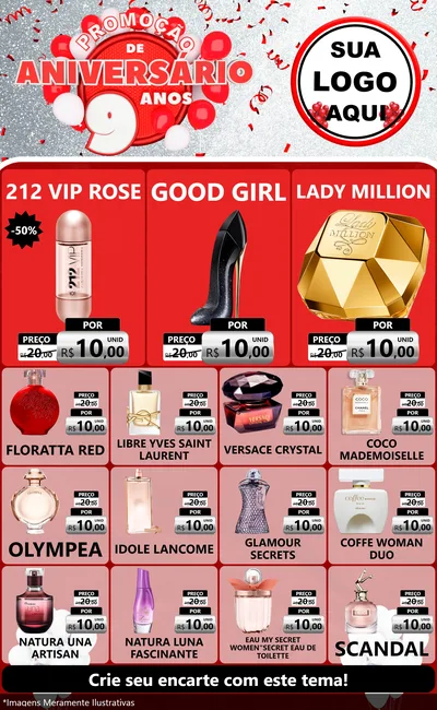 Modelo de Encarte para Encarte Grande com o tema Promoção de Aniversário - 9 Anos para Perfumes