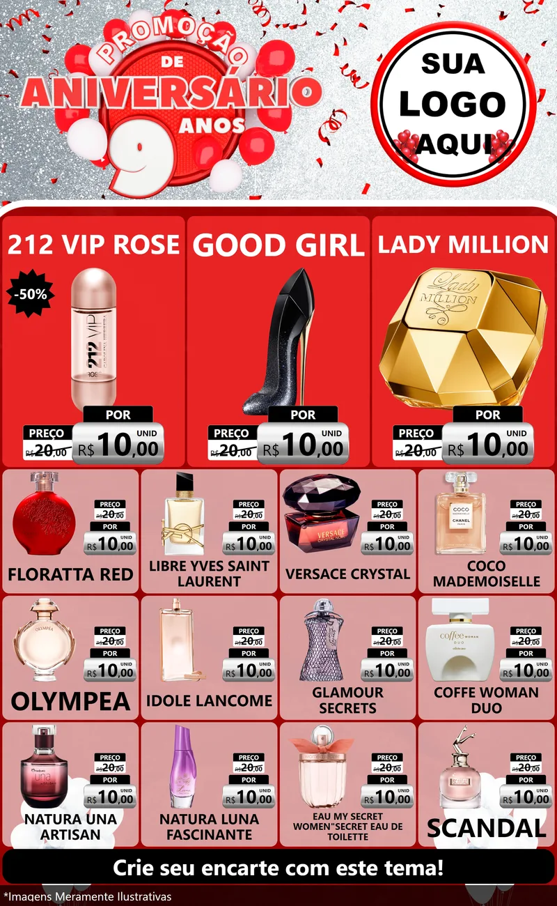 Modelo de Encarte para Encarte Grande com o tema Promoção de Aniversário - 9 Anos para Perfumes