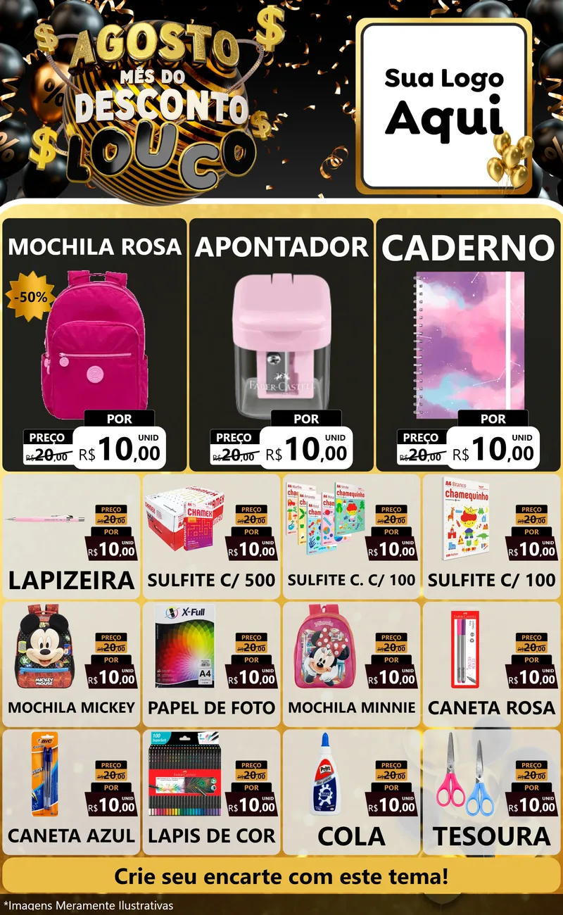 Modelo de Encarte para Encarte Grande com o tema Agosto Mês do Desconto Louco para Papelaria