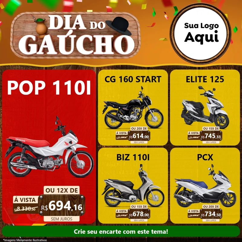 Modelo de Rede Social para Feed Facebook com o tema Dia do Gaúcho para Concessionaria de Motos