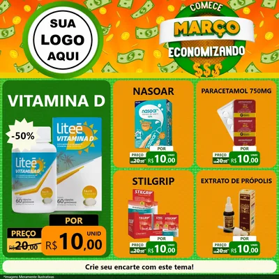 Modelo de Rede Social para Feed Facebook com o tema Comece Março Economizando para Farmácia