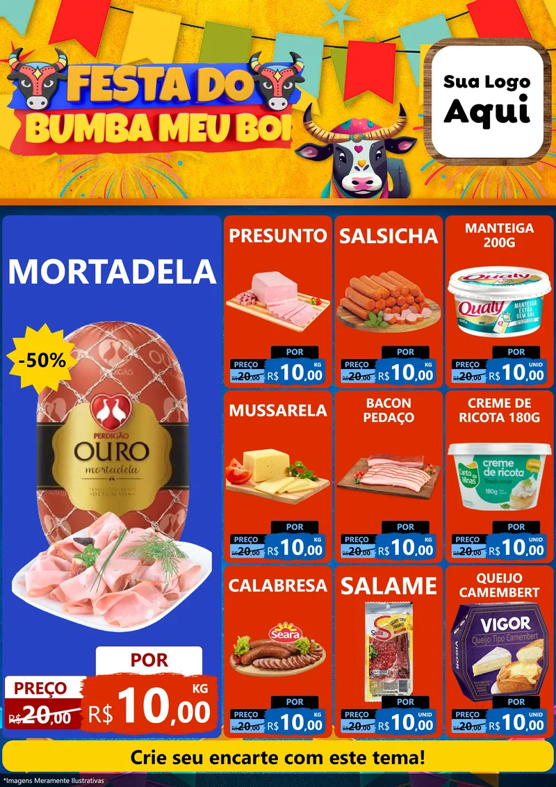 Modelo de Encarte para Encarte A4 Vertical com o tema Festa do Bumba Meu Boi para Frios e Laticínios