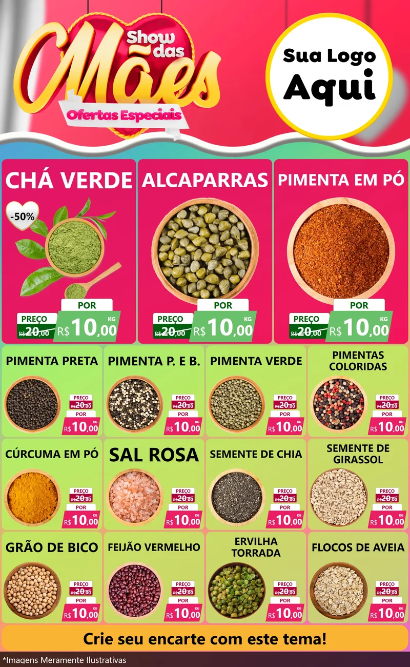 Modelo de Encarte para Encarte Grande com o tema Show das Mães - Ofertas Especiais para Produtos Naturais