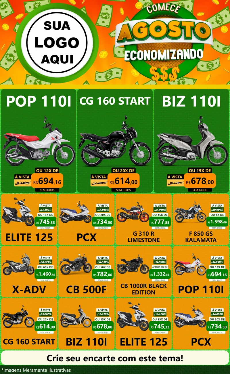 Modelo de Encarte para Encarte Grande com o tema Comece Agosto Economizando para Concessionaria de Motos