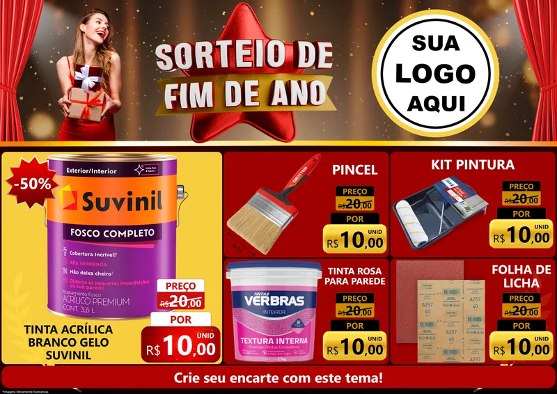 Modelo de Encarte para Encarte A4 Horizontal com o tema Sorteio de Fim de Ano para Tintas e Ferramentas