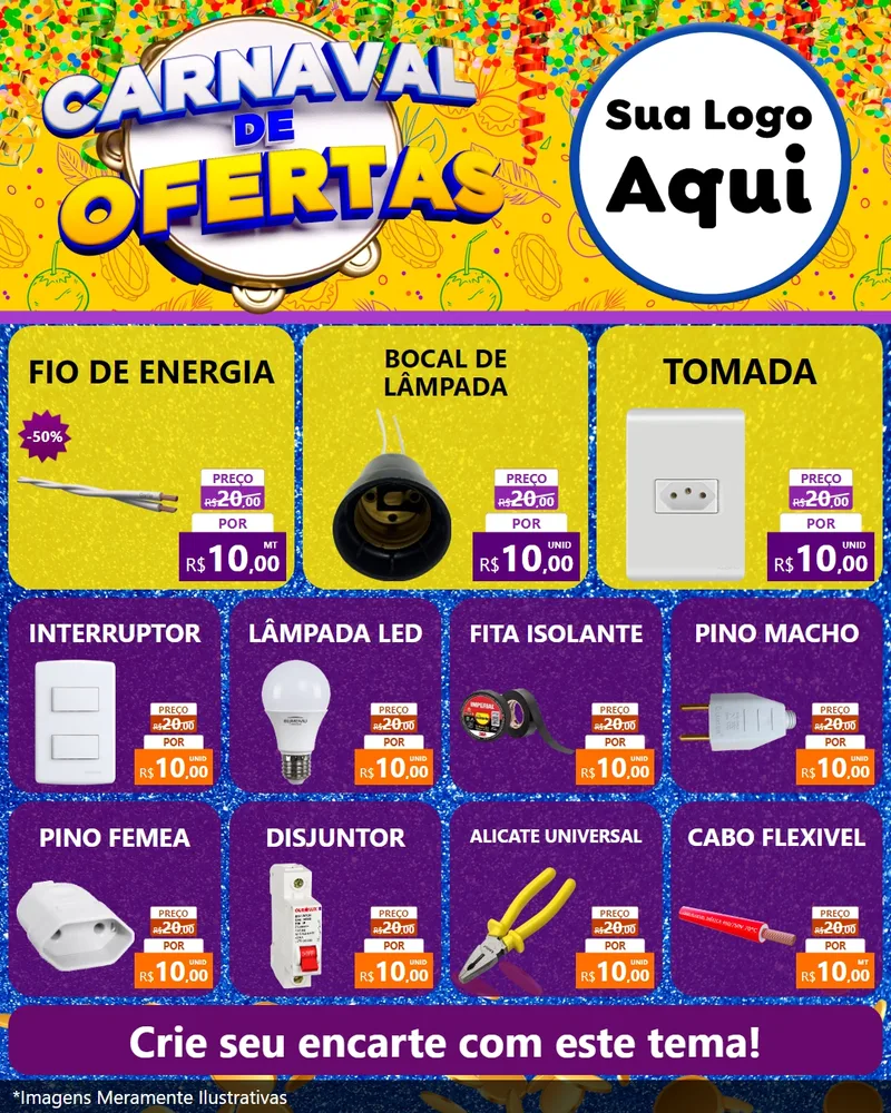 Modelo de Rede Social para Feed Instagram com o tema Carnaval de Ofertas para Materiais Elétricos