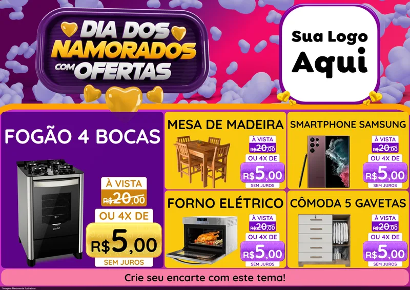 Modelo de Encarte para Encarte A4 Horizontal com o tema Dia Dos Namorados Com Ofertas para Móveis e Eletro