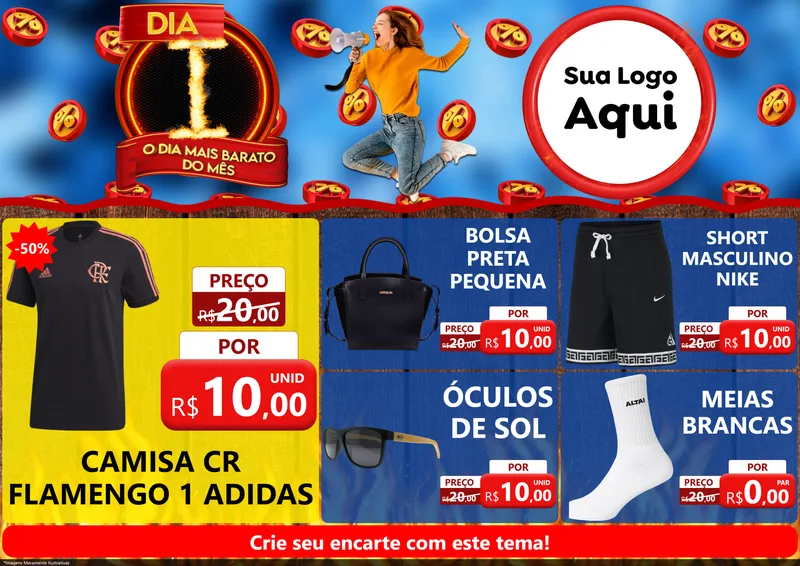 Modelo de Encarte para Encarte A4 Horizontal com o tema Dia I - O Dia Mais Barato Do Mês para Roupas e acessórios