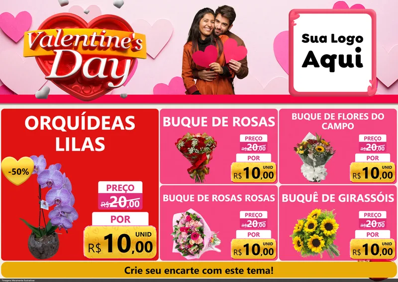 Modelo de Encarte para Encarte A4 Horizontal com o tema Valentine's Day para Floricultura e jardim