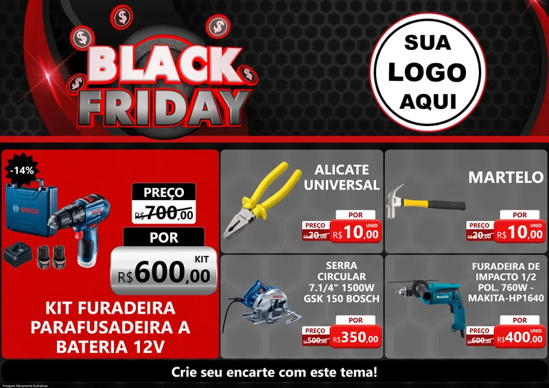 Modelo de Encarte para Encarte A4 Horizontal com o tema Black Friday para Maquinas e Ferramentas