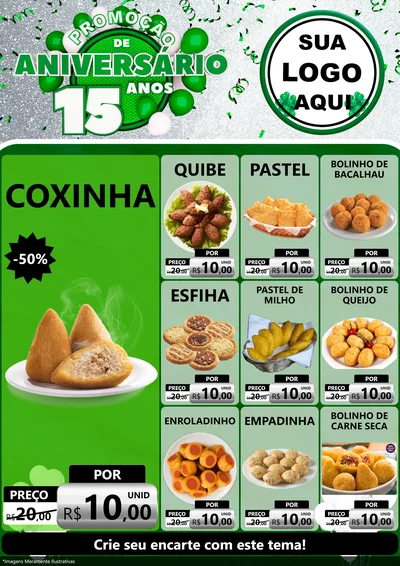 Modelo de Encarte para Encarte A4 Vertical com o tema Promoção de Aniversário - 15 Anos para Salgadaria