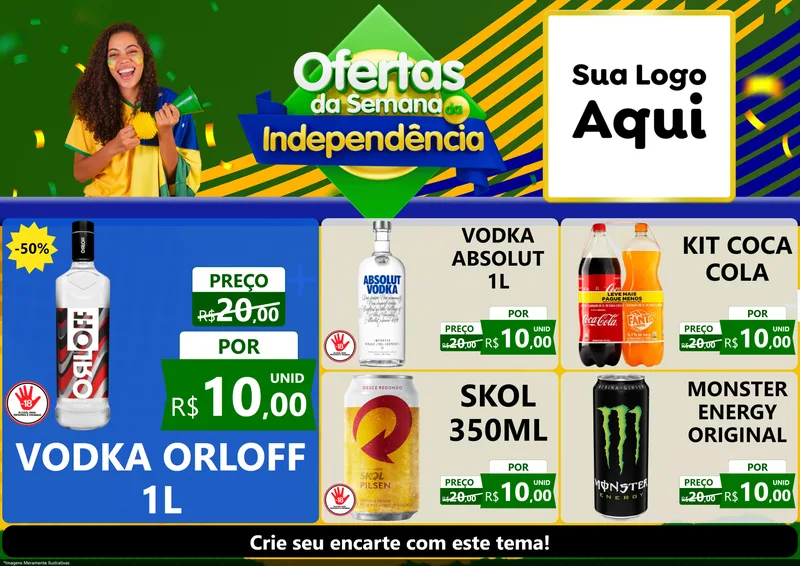 Modelo de Encarte para Encarte A4 Horizontal com o tema Ofertas da Semana da Independência para Distribuidora de bebidas