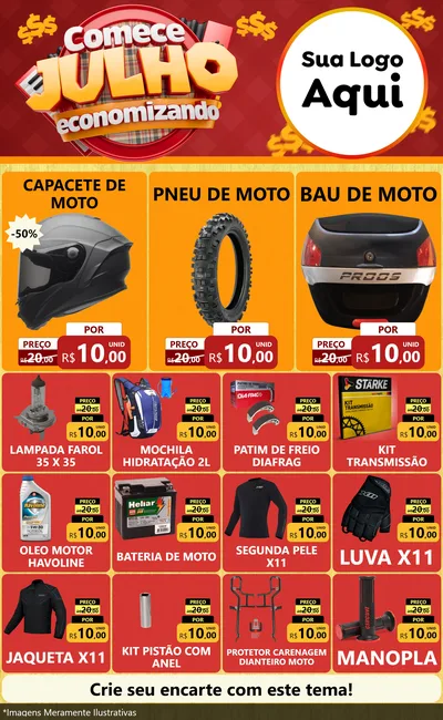 Modelo de Encarte para Encarte Grande com o tema Comece Julho Economizando para Moto peças