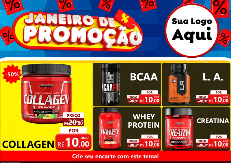 Modelo de Encarte para Encarte A4 Horizontal com o tema Janeiro de Promoção para Suplementos alimentares