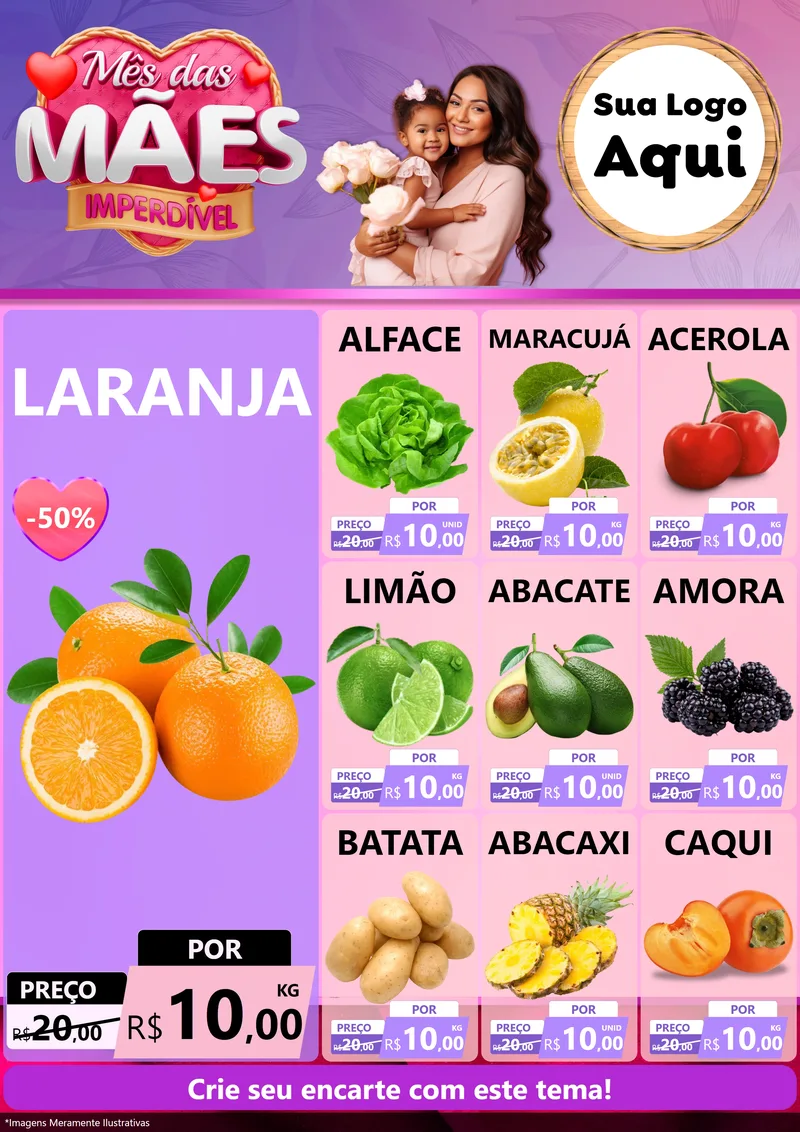 Modelo de Encarte para Encarte A4 Vertical com o tema Mês das Mães Imperdível para Hortifrúti