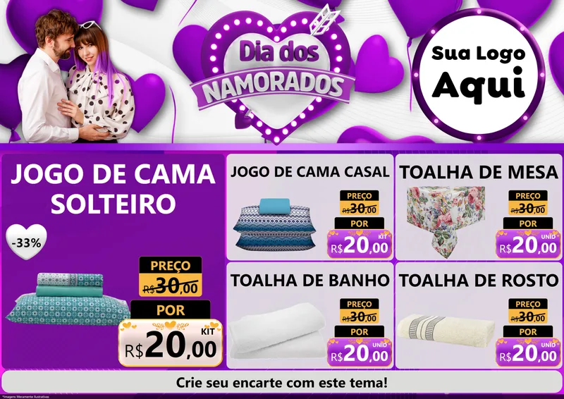 Modelo de Encarte para Encarte A4 Horizontal com o tema Dia dos Namorados para Cama, Mesa e Banho
