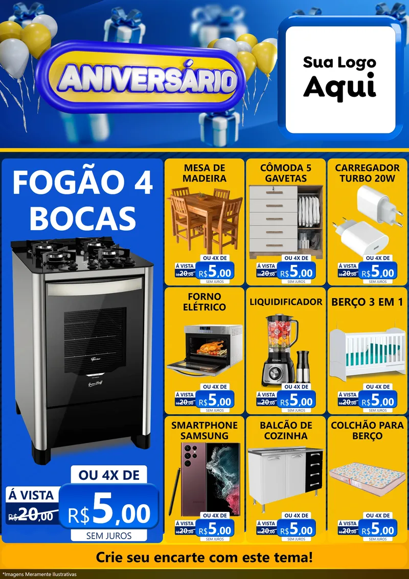 Modelo de Encarte para Encarte A4 Vertical com o tema Aniversário para Móveis e Eletro