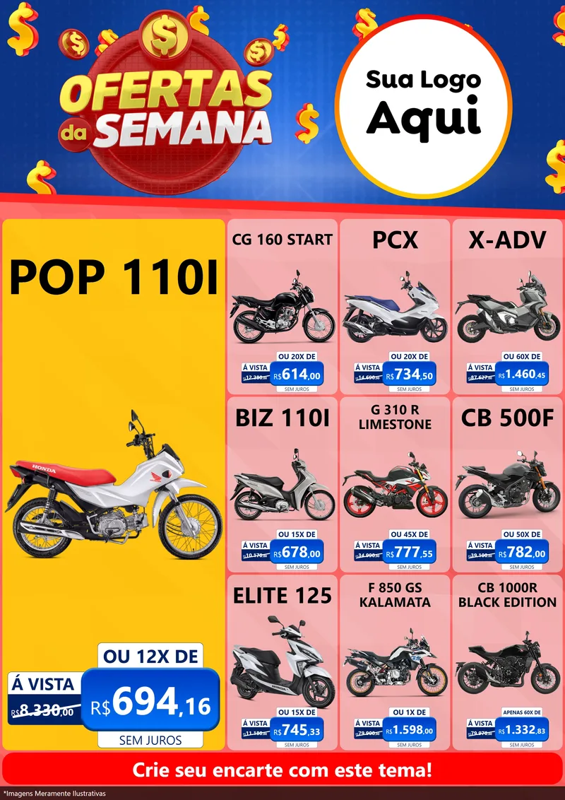 Modelo de Encarte para Encarte A4 Vertical com o tema Ofertas Da Semana para Concessionaria de Motos
