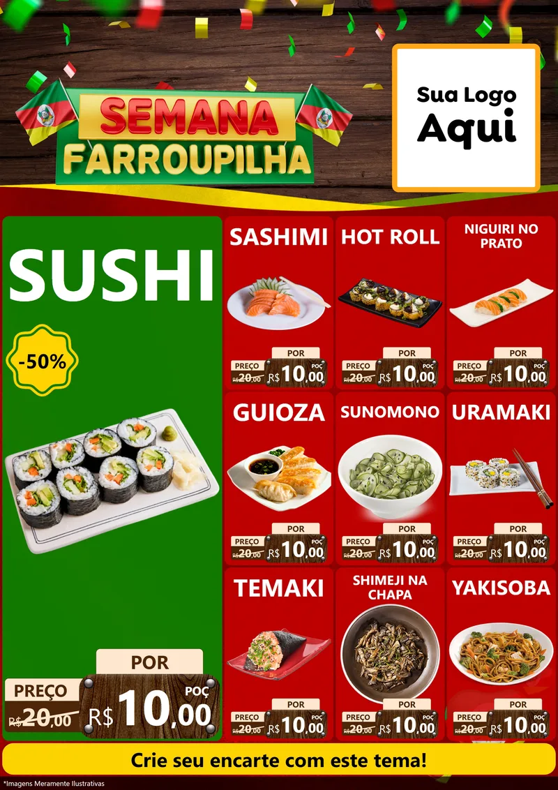 Modelo de Encarte para Encarte A4 Vertical com o tema Semana Farroupilha para Comida japonesa