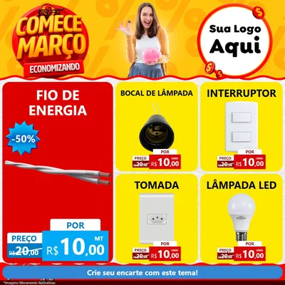 Modelo de Rede Social para Feed Facebook com o tema Comece Março Economizando para Materiais Elétricos