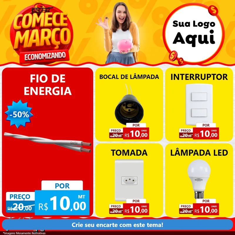 Modelo de Rede Social para Feed Facebook com o tema Comece Março Economizando para Materiais Elétricos