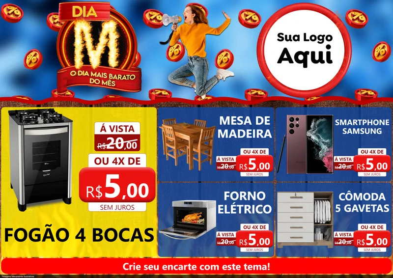 Modelo de Encarte para Encarte A4 Horizontal com o tema Dia M - O Dia Mais Barato Do Mês para Móveis e Eletro