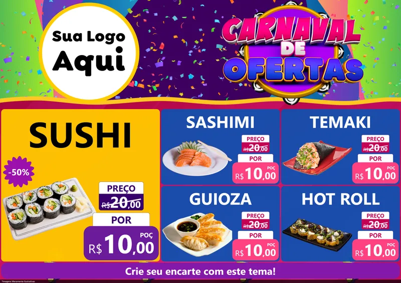 Modelo de Encarte para Encarte A4 Horizontal com o tema Carnaval de Ofertas para Comida japonesa
