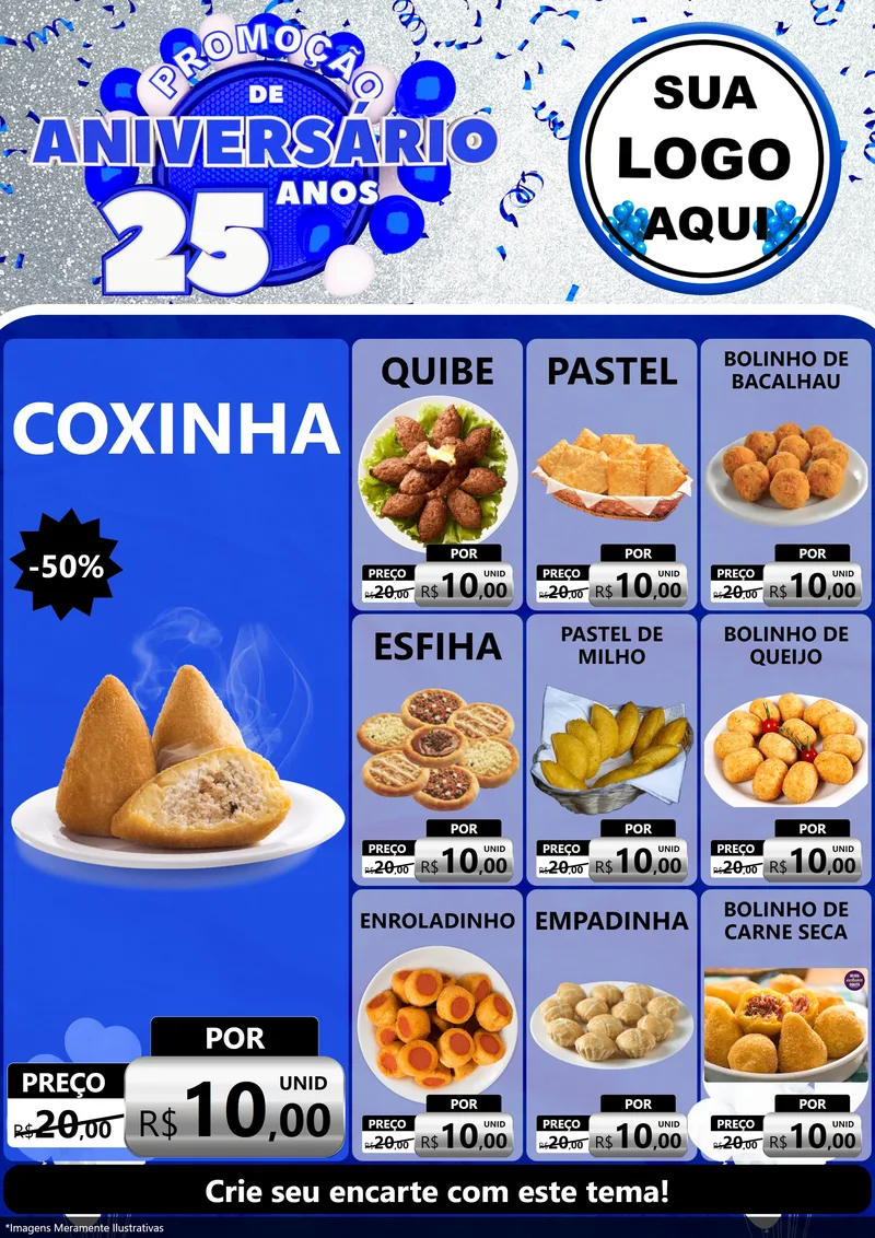 Modelo de Encarte para Encarte A4 Vertical com o tema Promoção de Aniversário - 25 Anos para Salgadaria