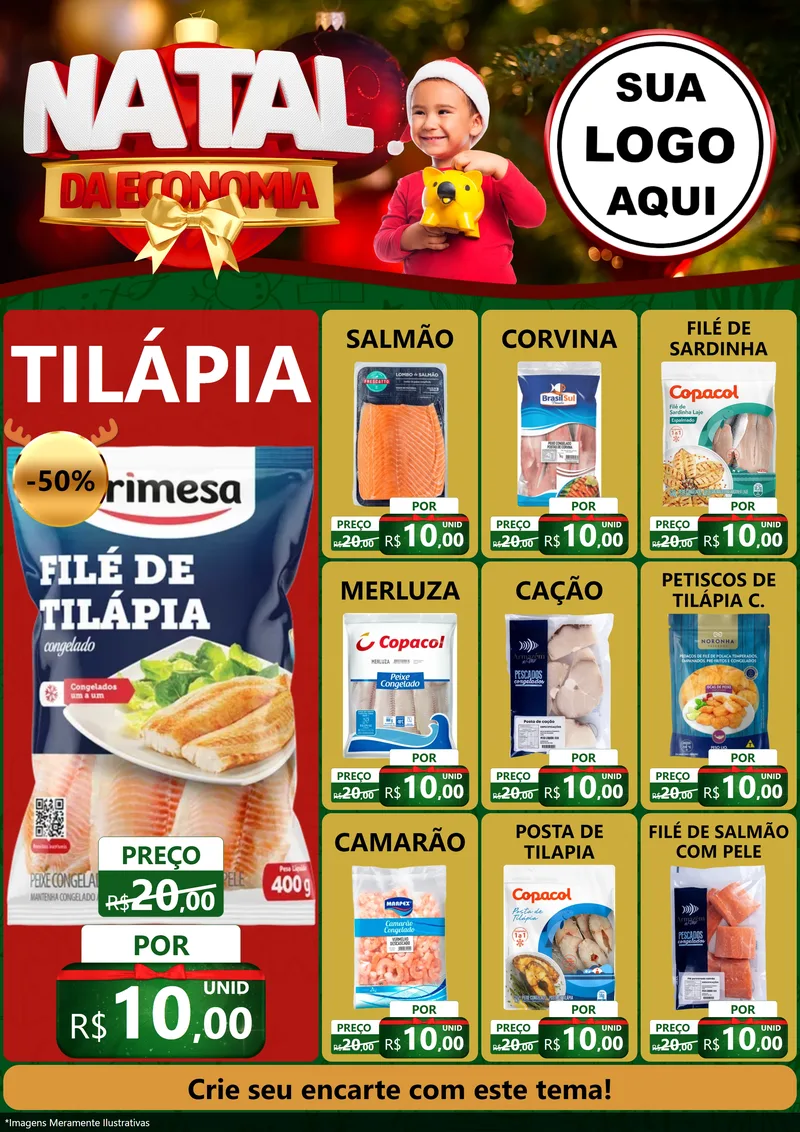 Modelo de Encarte para Encarte A4 Vertical com o tema Natal da Economia para Peixaria