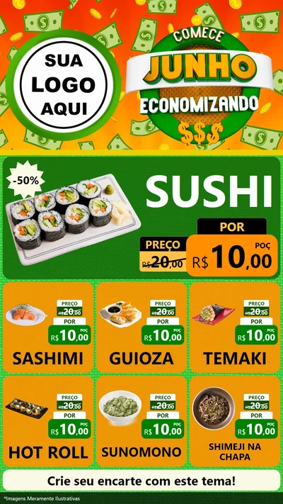 Modelo de Rede Social para Stories com o tema Comece Junho Economizando para Comida japonesa