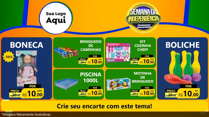 Modelo de TV para TV Horizontal com o tema Semana da Independência Declaramos Preços Baixos para Brinquedos