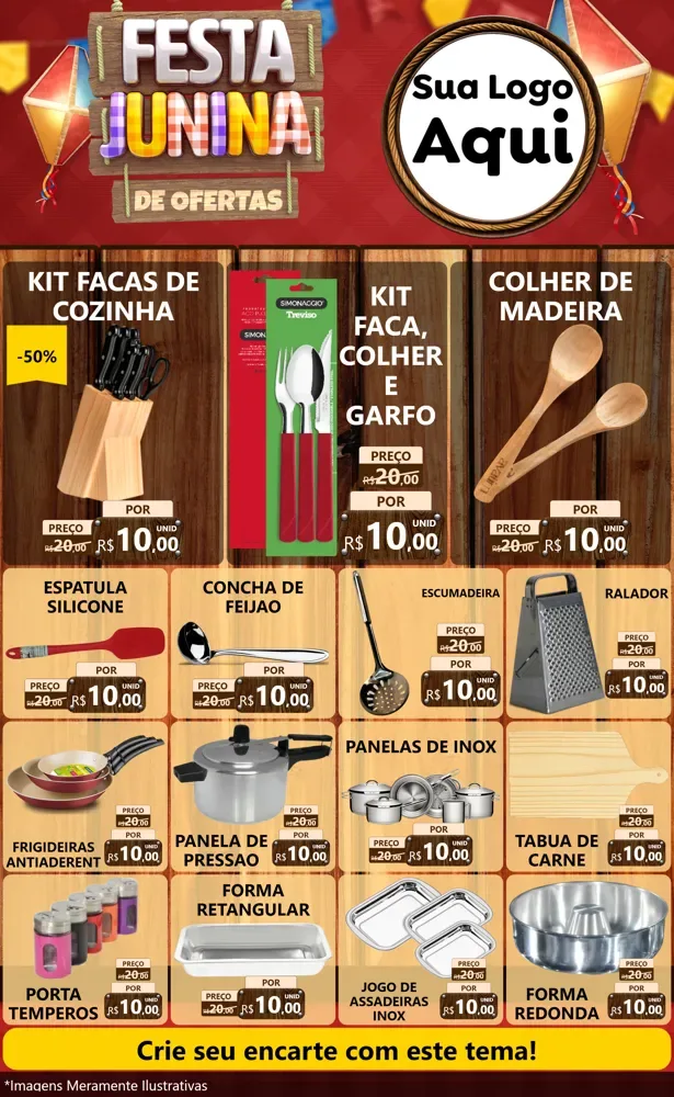 Modelo de Encarte para Encarte Grande com o tema Festa Junina de Ofertas para Utilidades Domésticas