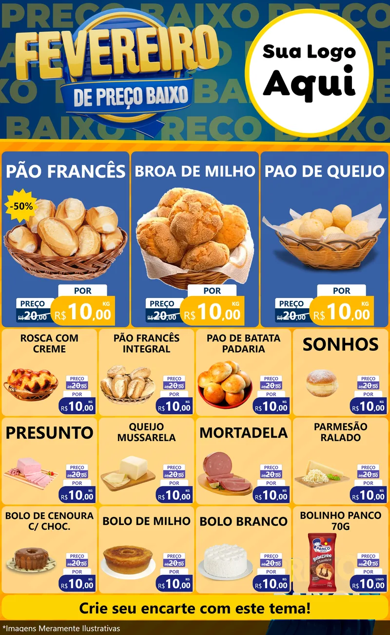 Modelo de Encarte para Encarte Grande com o tema Fevereiro de Preço Baixo para Padaria