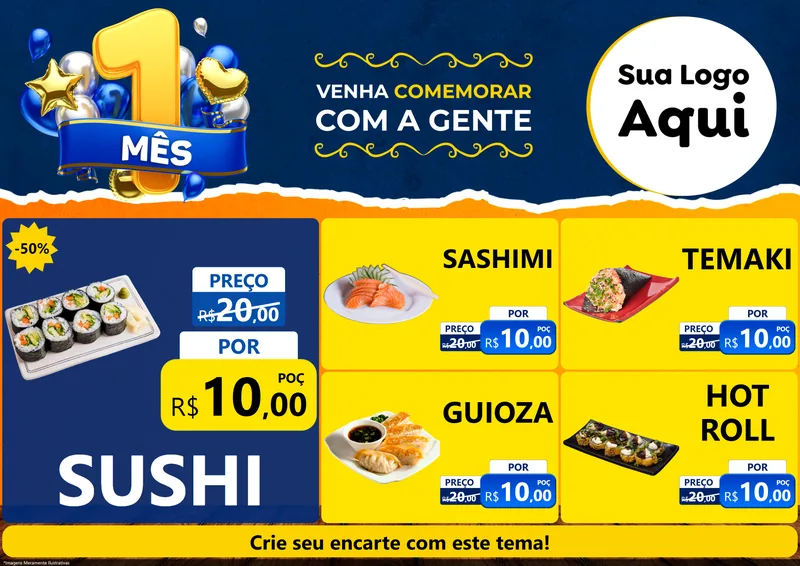 Modelo de Encarte para Encarte A4 Horizontal com o tema Um Mês de Aniversário para Comida japonesa