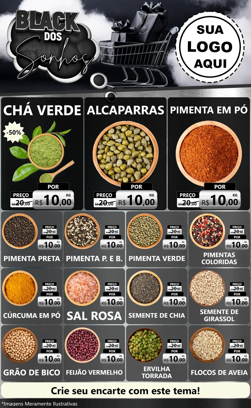 Modelo de Encarte para Encarte Grande com o tema Black dos Sonhos para Produtos Naturais
